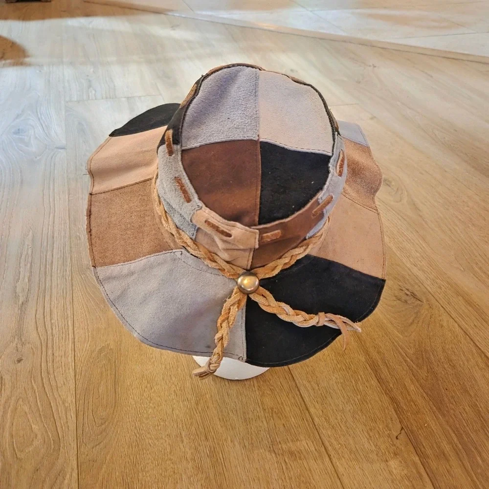 Vintage‎ Patchwork Suede Bucket Hat Wide Brim Braided Detail Button Accent